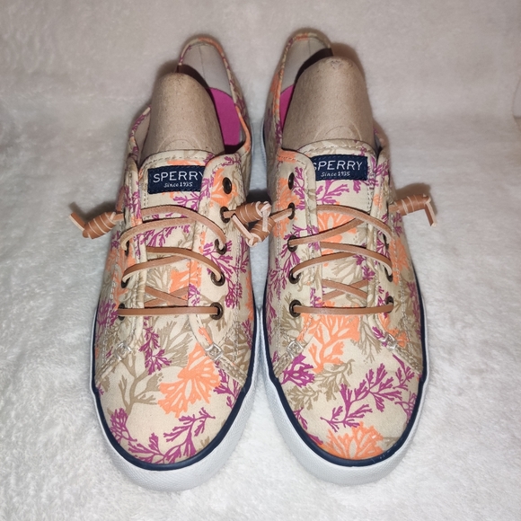 Sperry Top-Sider Slip-On Shoes Coral Reef Print Tan Purple Orange Women's 10 - Picture 2 of 10